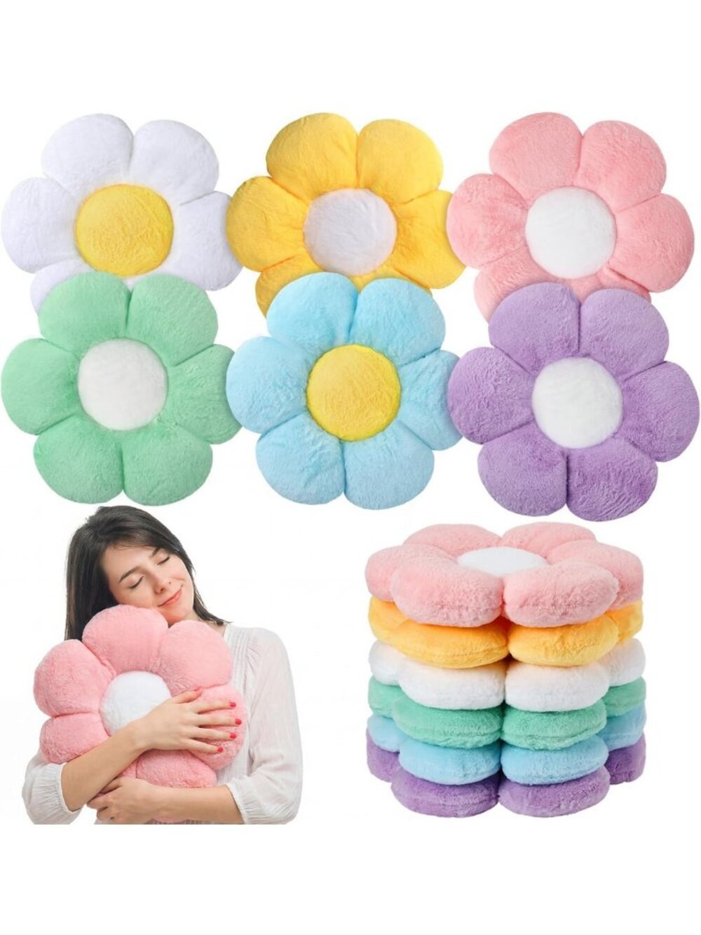 Set of 6 Pastel Flower Pillow Cushions - Plush Daisy Floor Decor for Home